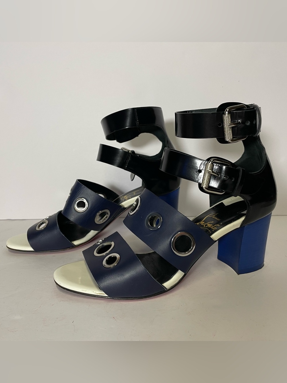 Christian Louboutin blue Navy white and Black Grommet Block Heel Sandals 34.5